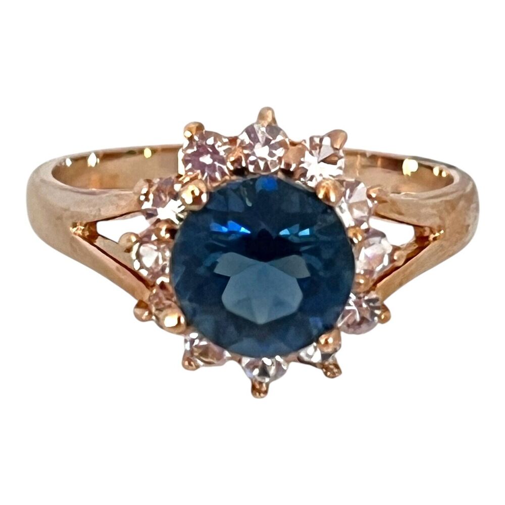 Vintage 1970s Blue Austrian Crystal Halo Ring Size 7 14K Gold Plate - 6A